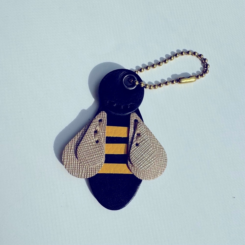 Artisan Leather Bumble Bee Bag Charm Keychain Brass Chain